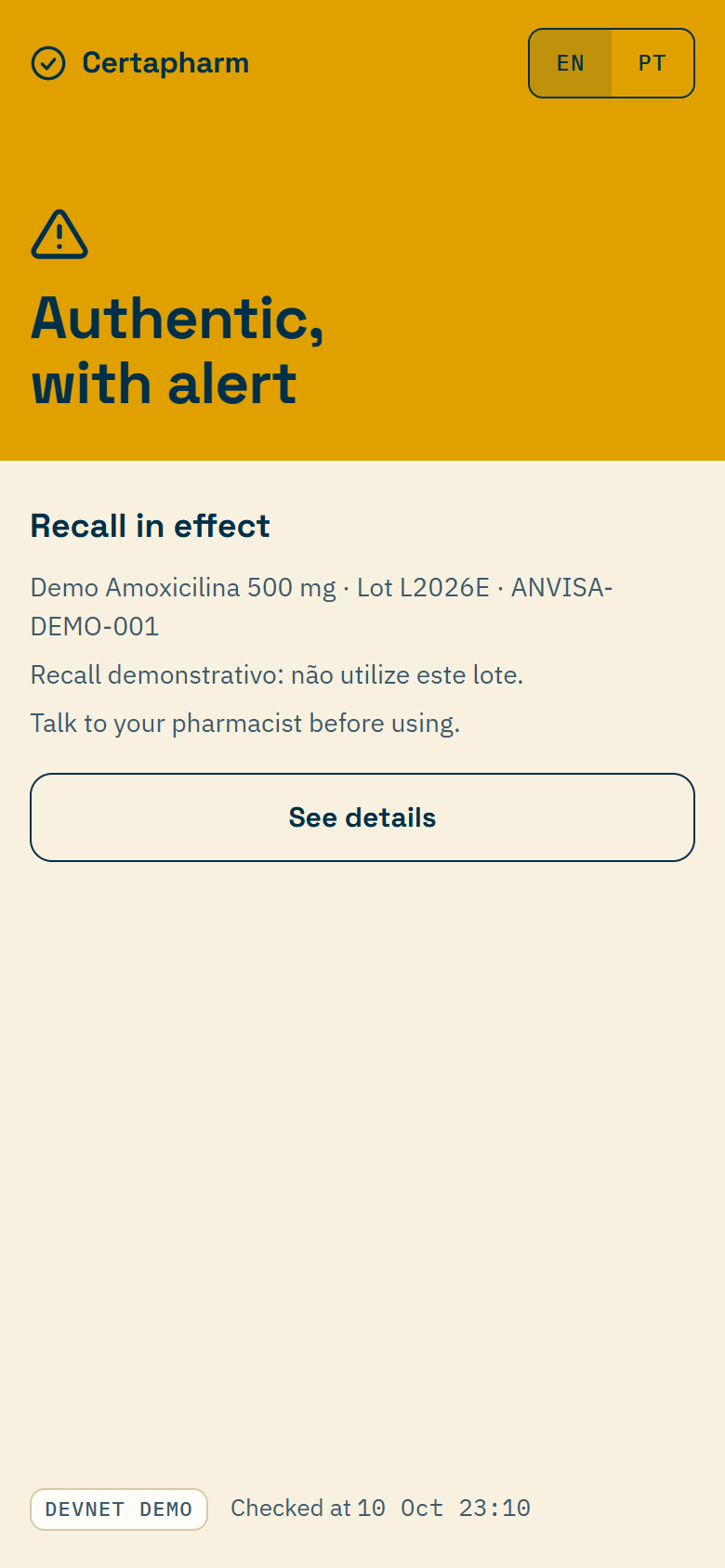 Authentic with alert verdict screen showing a recall