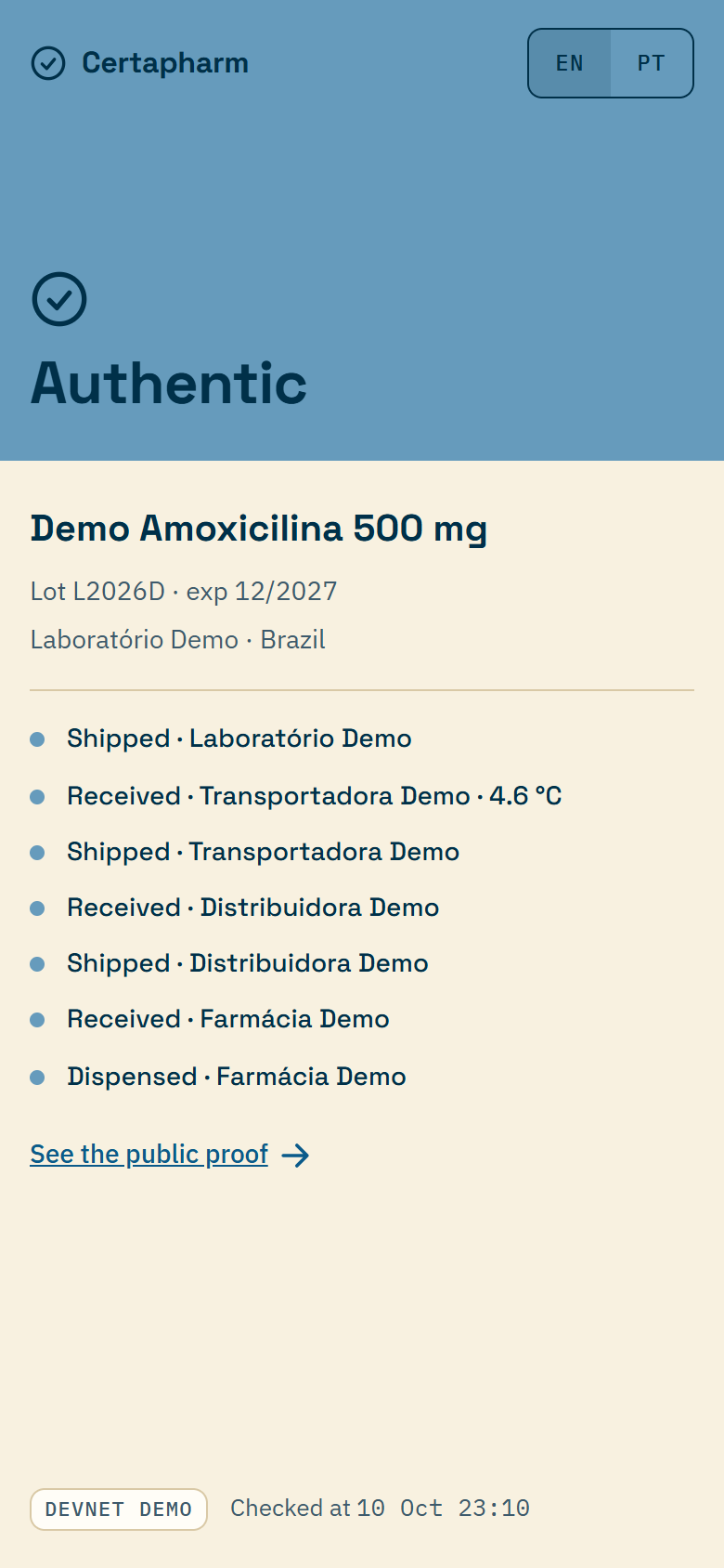 Certapharm verdict screen showing Authentic for Demo Amoxicilina 500 mg, with its custody trail